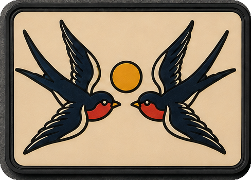 Traditional Swallows patch, two tattoo flash swallows facing a yellow sun
