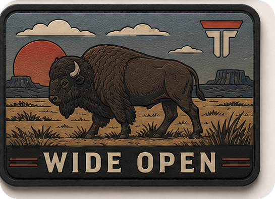 Wide Open patch, bison in tall grass under a red sun with desert buttes
